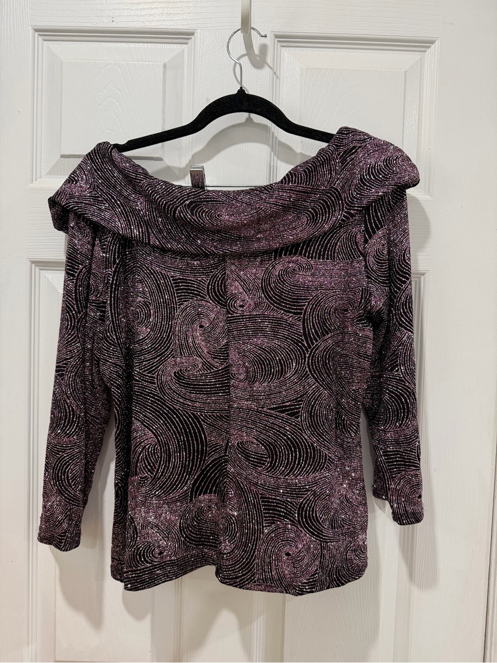 Metaphor Off-Shoulder Sparkle Sweater in Purple and Black